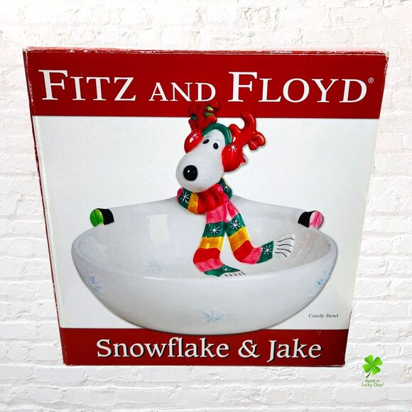 Fitz and Floyd Snowflake and Jake Candy Dish Bowl Christmas Reindeer Serving - Picture 4 of 16